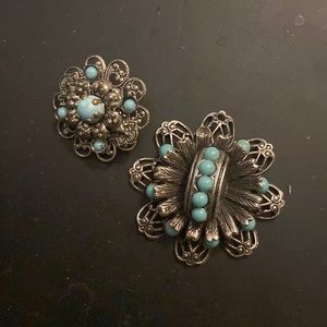 Silver toned and Turquoise brooches